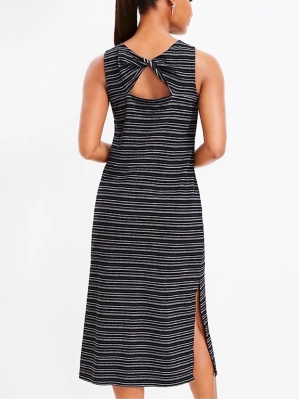 Anne Taylor LOFT Black & White Striped Midi Dress with Back Knot